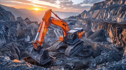 Excavator at Sunset, a powerful backhoe maneuvering on a gravel heap, its large shovel poised for action against a vibrant sunset sky in a mining setting.