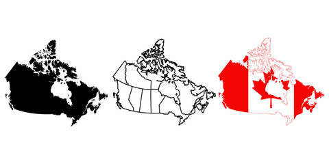 Canada map outline, silhouette and canada flag isolated on canada map isolated on  transparent background.