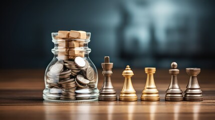 Illustration design of coins in a glass jar and chess lined up on a wooden table