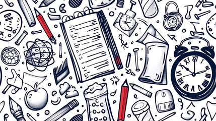 A seamless doodle pattern featuring test papers, pencils, clocks, and stress balls, all scattered in a focused and intense arrangement, vibrant colors, on a white background, detailed and energetic,