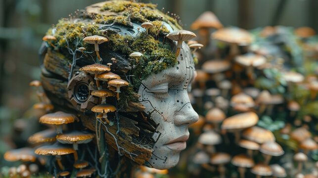 Cyborg of Decaying Wood, a fusion of technology and nature, intricately designed from rotting timber, adorned with vibrant mushrooms and lush moss, embodying ecological regeneration.