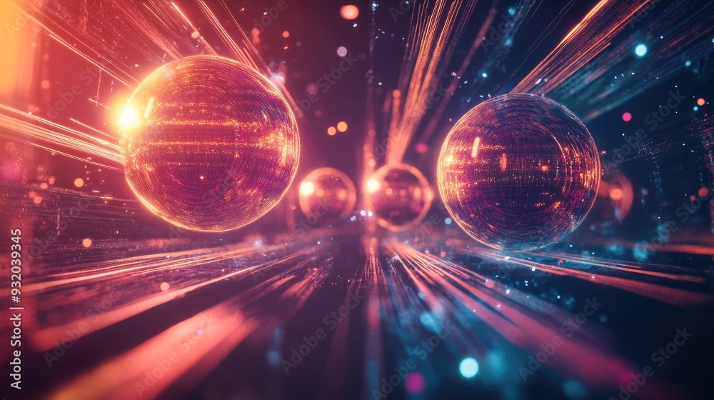 Poster abstract representation of time and space using bright orbs and lines extending into the distance, c