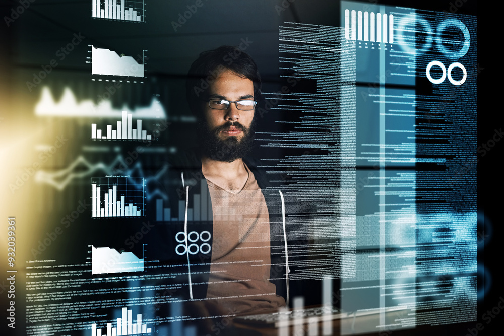 Poster Young man, programmer and night with overlay on computer for data, future development or analytics at office. Male person, coder or developer working late on futuristic technology, hud or dashboard