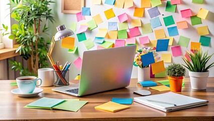 Colorful stickers clutter a busy office desk, surrounded by scattered papers, pens, and a laptop, showcasing a creative and playful workspace atmosphere.