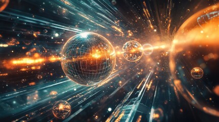 Abstract representation of time and space using bright orbs and lines extending into the distance, creating a futuristic atmosphere