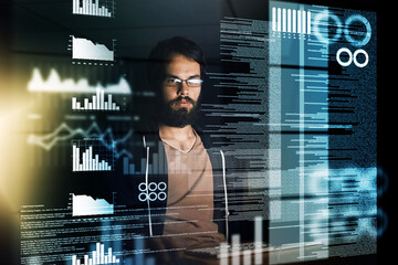 Young man, programmer and night with overlay on computer for data, future development or analytics...