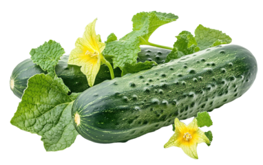 Fresh green cucumber with leaf and flower natural on transparent background, png	
