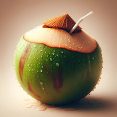 A tourist takes coconut water juice with a straw directly from a green coconut freshly collection