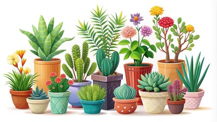 Fototapeta premium Colorful, stylized vector illustration of various potted indoor plants, including succulents and flowers, against a clean white background with subtle texture.