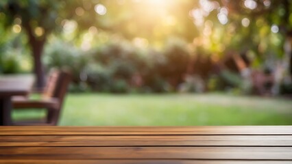 a empty wooden table with blurred garden background