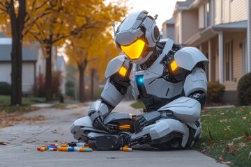 Fototapeta premium A futuristic robot sorting colorful pills on a sidewalk symbolizing the intersection of technology healthcare and the challenges of modern medicine in a rapidly evolving world