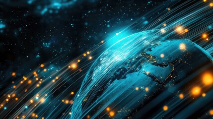 Fototapeta premium Earth globe surrounded by dynamic fiber optic lines, representing high-speed global communications and technological advancement