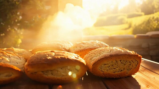 Fresh Bread Baking with Golden Sunlight for Healthy Morning Breakfast Concepts