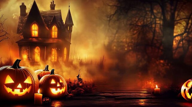 Glowing Halloween pumpkins and burning candles at night. In the background is an old creepy castle in a haze with smoke. Festive screensaver for video. Copy space. Slow motion.