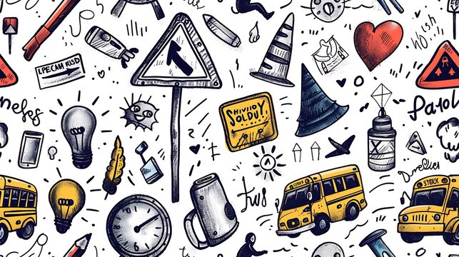 A seamless doodle pattern featuring various school bus elements like yellow buses, bus stops, and road signs, mixed with doodles of traffic lights and crosswalks,