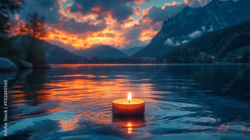 Sticker a glowing candle floating on a tranquil