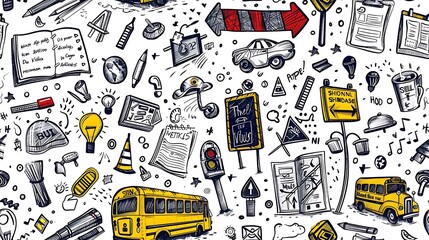 A seamless doodle pattern featuring various school bus elements like yellow buses, bus stops, and road signs, mixed with doodles of traffic lights and crosswalks,
