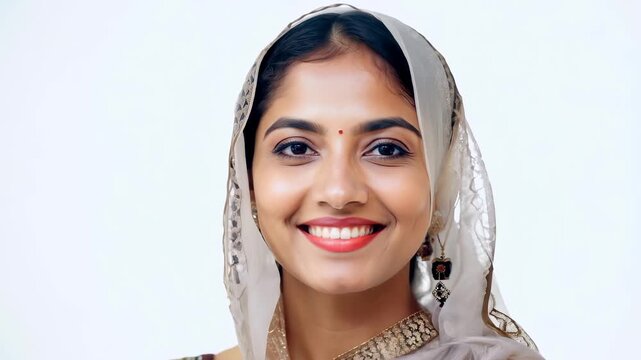 Smiling Indian Woman with Red Bindi and Traditional Attire on a White Background. Concept of Cultural Heritage, Ethnic Beauty, Traditional Dress, Female Empowerment.