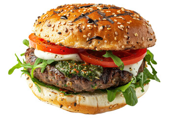 Delicious Caprese Burger with Beef Patty Isolated On Transparent Background