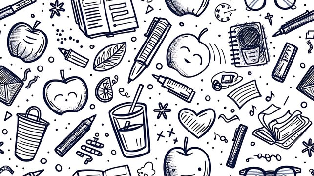 A seamless doodle pattern featuring various teacher&rsquo;s desk items like apples, glasses, coffee cups, and lesson plans, mixed with doodles of pens, notebooks, and paper clips,