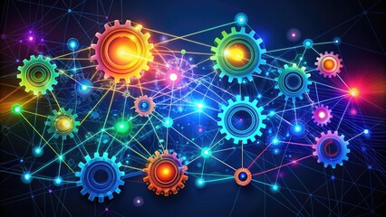 Obraz premium Colorful wireframe illustration of interconnected gears, circuits, and wires forming a futuristic network, symbolizing innovation, technology, and digital connectivity on a dark blue background.