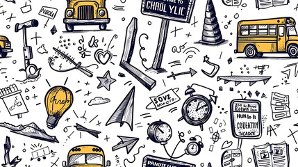 A seamless doodle pattern featuring yellow school buses, bus stops, and road signs, all arranged in a dynamic and playful layout, vibrant colors, on a white background, fun and lively, hd quality.
