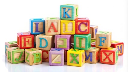 Colorful wooden alphabet blocks with uppercase and lowercase letters scattered on a bright white background, perfect for educational or creative projects.