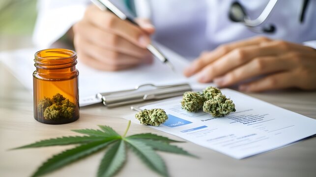 Healthcare Professional Consulting Patient About Medical Cannabis Treatment Discussing Informational Brochures on Table