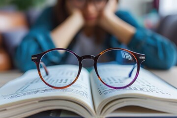 A pair of glasses placed on top of an open exam book, with a stressed student in the background rubbing their temples