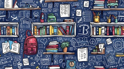 A seamless doodle pattern of a chaotic classroom with desks piled high with books, scattered chairs, backpacks hanging off the backrests, and chalkboards filled with equations,