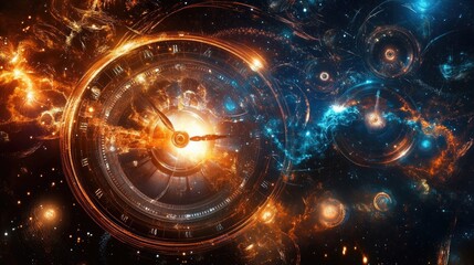 Obraz premium Layered abstract background with soft gradients, celestial bodies, and timepieces blending seamlessly into a unified concept of time and space
