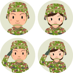 自衛隊　ヘルメットを被った男性と女性自衛官のアイコンイラスト