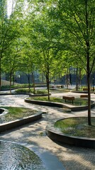 Obraz premium Serene Urban Oasis: Modern Plaza with Trees, Benches, and Water Features - Tranquil Green Space in the City