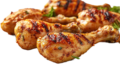 BBQ Grilled chicken drumsticks on a wooden cutting on transparent background, png	