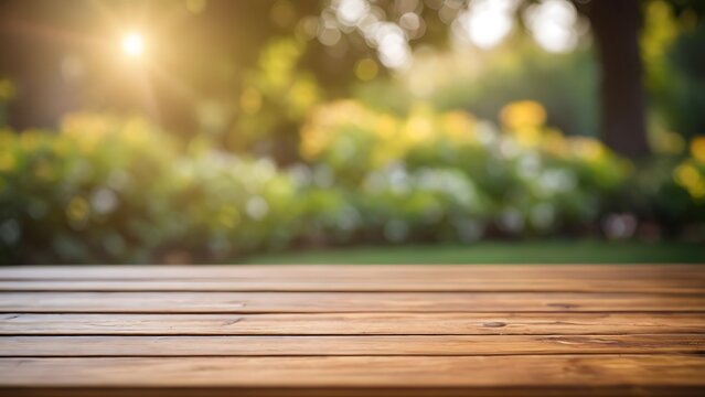 a empty wooden table with blurred garden background