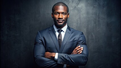 Fototapeta premium Confident African American businessman stands out against a dark background, dressed in a suit, with a professional expression and folded arms.