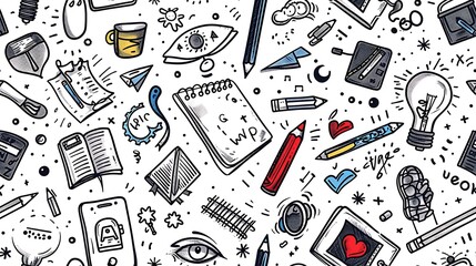 A seamless doodle pattern of scattered language learning elements including speech bubbles, foreign characters, and language apps, surrounded by doodles of notebooks and pencils,