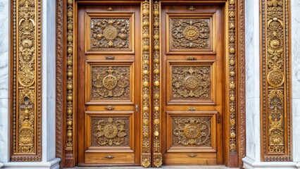 Fototapeta premium Ornate Carved Wooden Doors with Intricate Gold Details