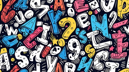 Obraz premium A seamless doodle pattern of scattered letters and numbers in various bold and quirky fonts, arranged randomly, bright colors, with a soft yellow background, playful and energetic design, hd quality.