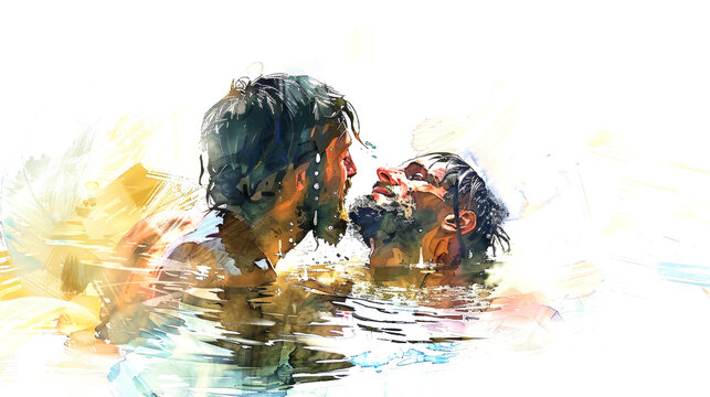 Jesus is lovingly baptized by John the Baptist in the Jordan River, surrounded by gentle ripples and a backdrop of soft pastel hues