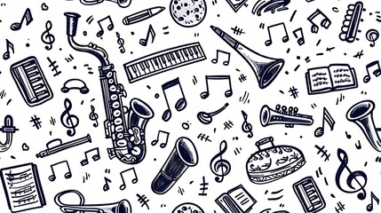 A seamless doodle pattern of scattered musical notes, sheet music, and various instruments like saxophones and trumpets, in a classic black and white style, on a light gray background,