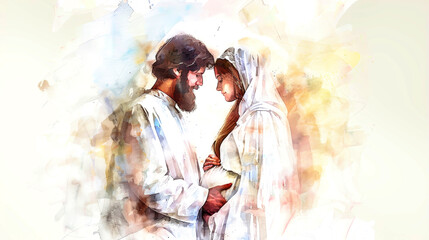 Mary and Joseph lovingly gaze at their unborn child, embracing the joy of impending parenthood in soft, harmonious colors