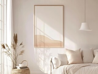Minimalist abstract art print in a modern living room with natural light.