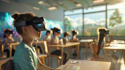 A classroom of young students wearing VR headsets, fully engaged in an immersive virtual learning experience in a modern, sunlit environment.