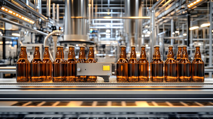 Brown glass beer bottles move through a high-tech bottling line, undergoing branding and labeling in an efficient brewery environment