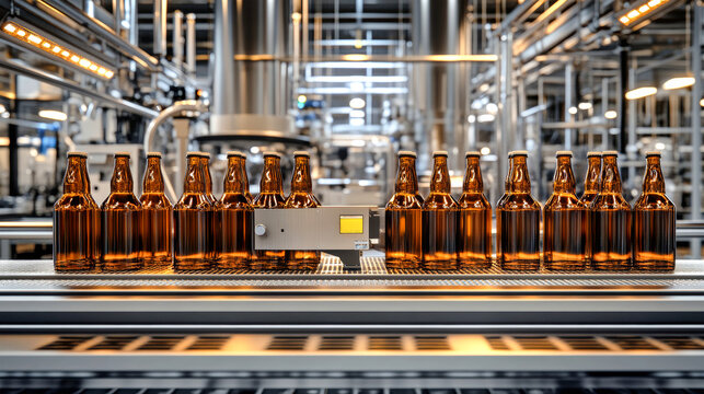 Brown glass beer bottles move through a high-tech bottling line, undergoing branding and labeling in an efficient brewery environment