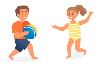 Two kids playing on the beach, one holding a ball and the other running with arms outstretched, enjoying a sunny day by the sea. They are dressed in summer clothes and full of joy.