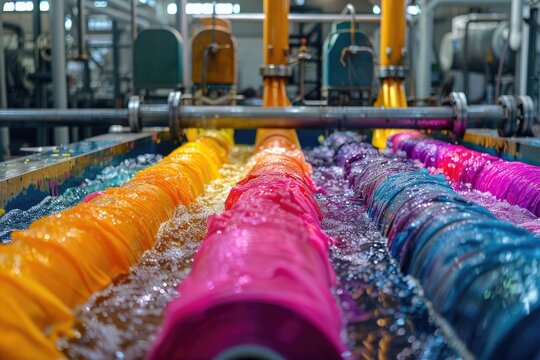 Close-up of fabric rolls being immersed in colorful dye baths, with factory machinery and pipes in the background