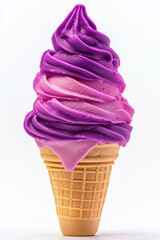 A colorful soft-serve ice cream cone with purple and pink swirls.