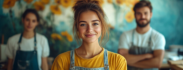 beautiful closeup photo of happy cute team leader woman at middle, looking at the camera with pretty smile during a diy home improvement project and two men standing at side with blank copy space 